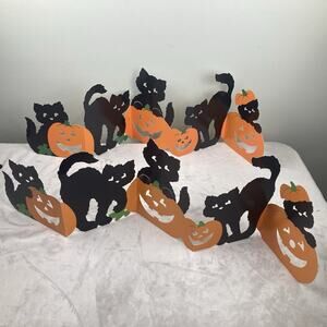 Lot of 2 Vintage HALLMARK Black Cat Pumpkin Halloween Die-cut Decorations